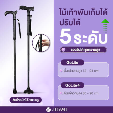 ไม้เท้าช่วยพยุง ALLWELL รุ่น GOLITE4 สีดำ พับเก็บและปรับระดับได้_5
